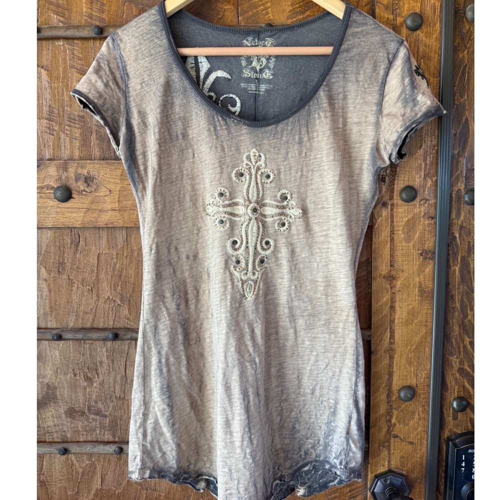Velvet & Stone Vintage Y2K Womens Grey Acid Wash Fleur De Lis Stud Shirt size Lg